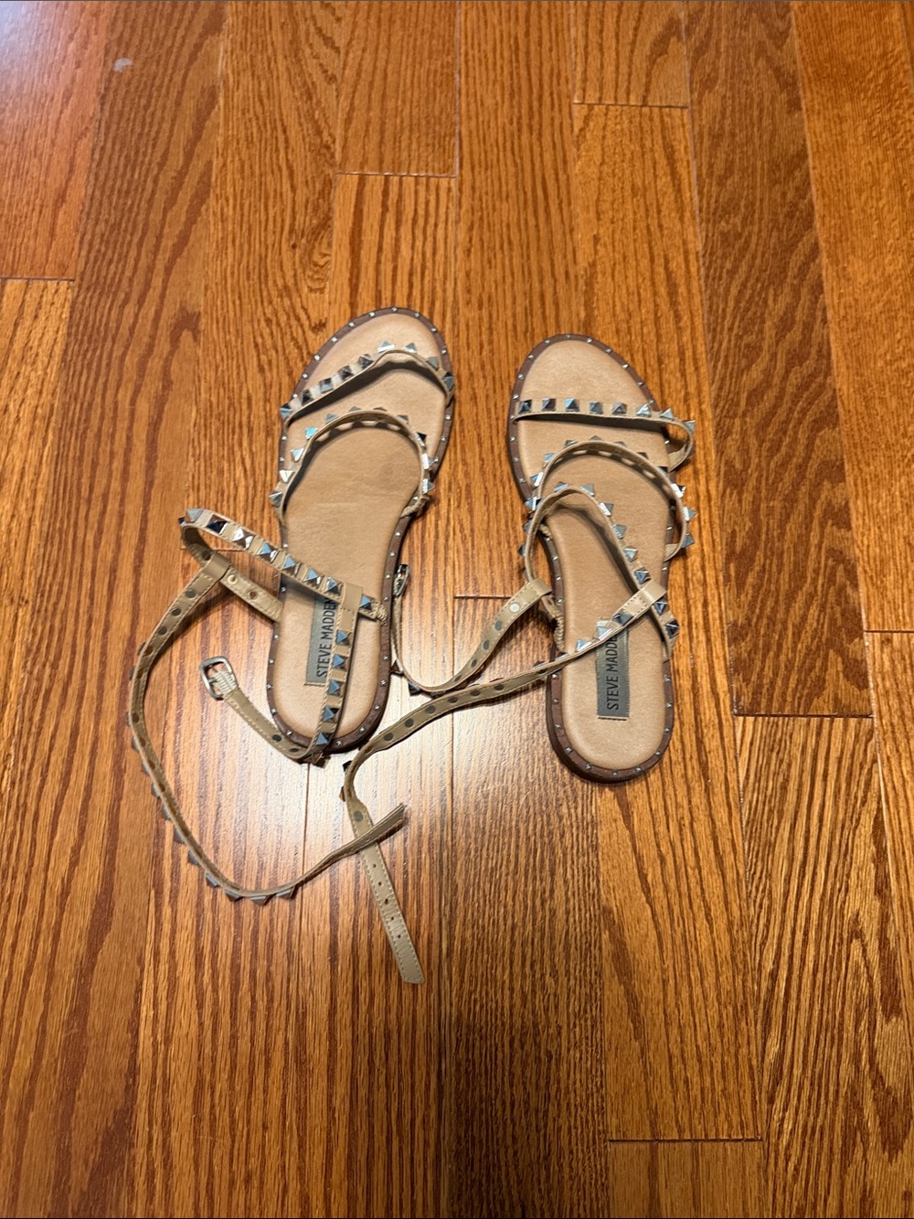 Steve Madden Tan Pyramid-Stud Ankle Wrap Sandals